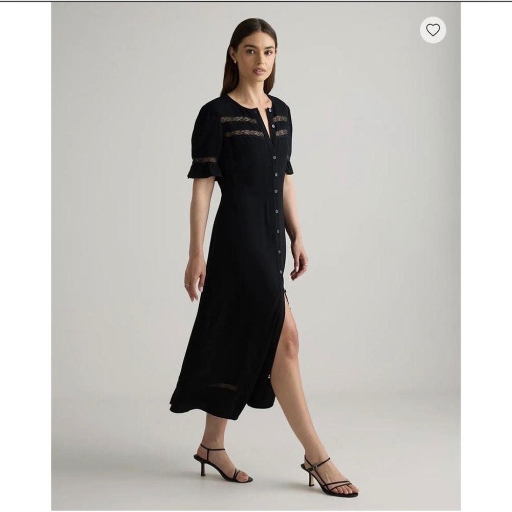 Quince Black Lightweight Crepe Lace Inset Midi Dress LB92177 Short Sleeve S